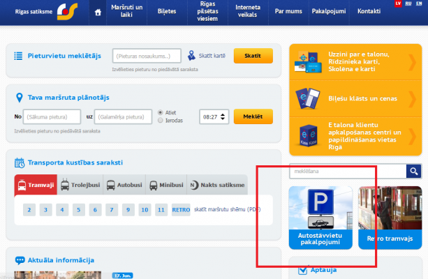 Interactive map of parking lots available at "Rīgas satiksme" website